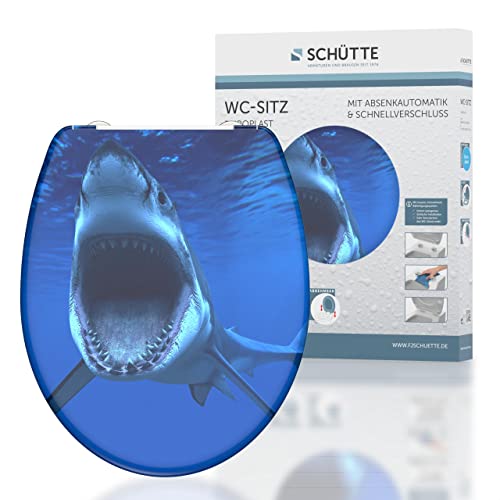 SCHÜTTE WC-Sitz Duroplast SHARK, Toilettensitz mit Absenkautomatik und Schnellverschluss für die einfache Reinigung, maximale Belastung der Klobrille 150 kg, Motiv Hai 82371 von Schütte