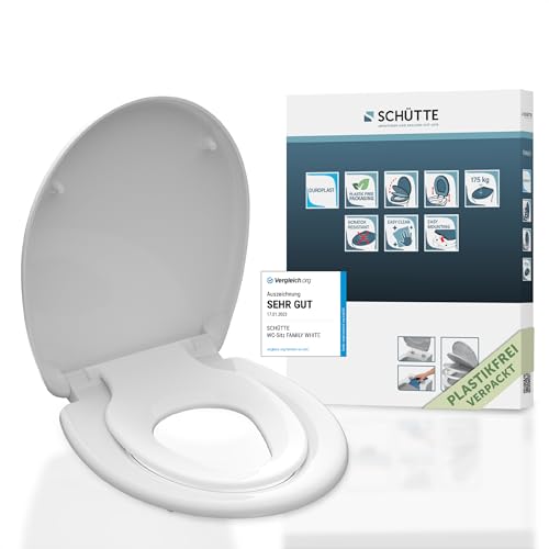 SCHÜTTE WC Sitz FAMILY WHITE Duroplast, Toilettensitz mit Absenkautomatik und Schnellverschluss, Klobrille mit abnehmbarem Kindersitz, maximale Belastung Weiß von Schütte