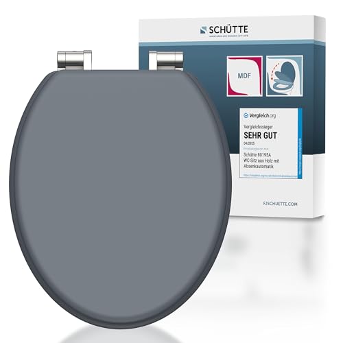 SCHÜTTE WC-Sitz mit Absenkautomatik aus Holz, hochwertiger Toilettendeckel mit 175kg Belastbarkeit, Toilettensitz mit Brille, Klodeckel für WC, MDF Holzkern Klobrille, Grau von Schütte