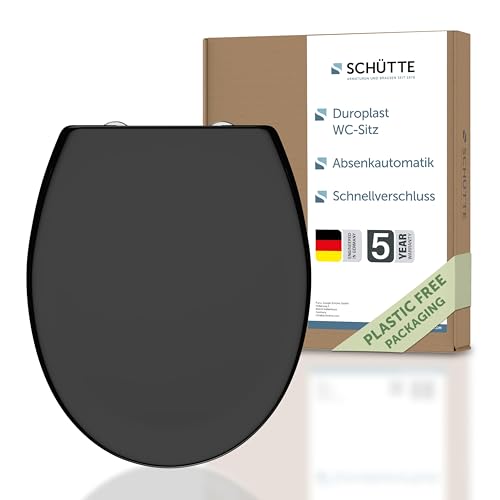 SCHÜTTE WC-Sitz mit Absenkautomatik | Abnehmbarer Klodeckel aus bruchsicherem Duroplast | Innovative DIY Montage durch Klebepads | Toilettendeckel und Brille bis 150 kg belastbar | Schwarz von Schütte