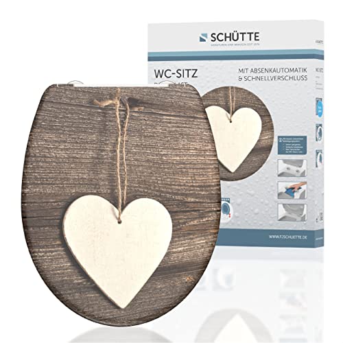 SCHÜTTE WC-Sitz Duroplast WOOD HEART, Toilettensitz mit Absenkautomatik und Schnellverschluss für die einfache Reinigung, maximale Belastung der Klobrille 150 kg, Motiv Herz 82377 von Schütte