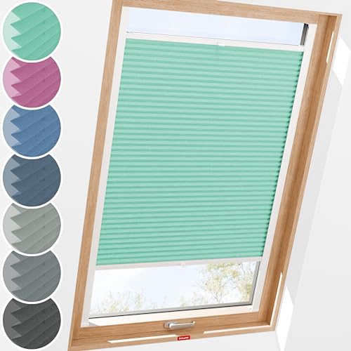 Schuette® Dachfenster Plissee mit Bohren zum Anschrauben ● Melange Kollektion: Mint Ice Cream (Grün) ● 60-69 x 80-99cm (Breite x Höhe) ● Suprafix Faltrollo Befestigung ● Bequeme Rollo von Schuette