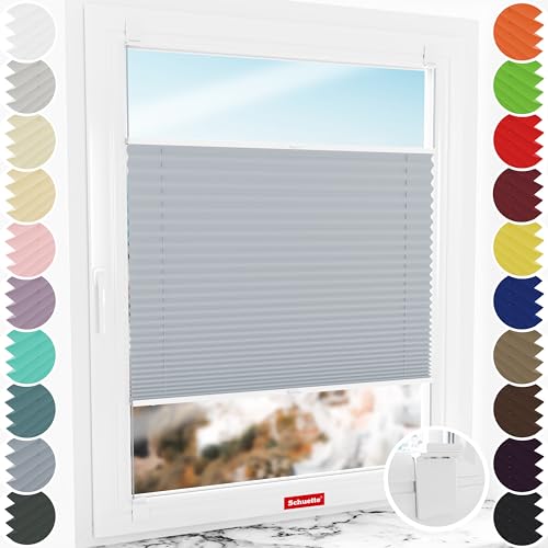 Schuette® Plissee ohne Bohren zum Kleben ● Premium Kollektion: Silver Sonata (Grau) ● 90x130cm (Breite x Höhe) ● Suprafix Faltrollo Klebehalterung ● Bequeme Rollo Montage inkl. Video von Schuette