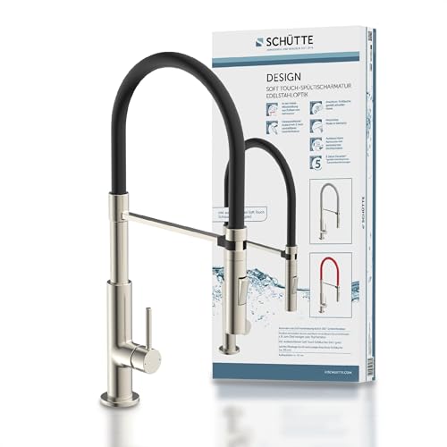 Schütte 23138 Design Spültischarmatur mit auswechselbaren Soft Touch Schlauch, 360 Grad schwenkbarer Wasserhahn für die Küche, Küchenarmatur Einhebelmischer, Mischbatterie in Chrom/Schwarz von Schütte