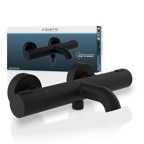 Schütte 33196 Badewannenarmatur Los Angeles mit Thermostat, Wannenarmatur Wannenthermostat mit Verbrühschutz bei 38℃, Mischbatterie Wasserhahn Armatur für Badewanne, Schwarz von Schütte