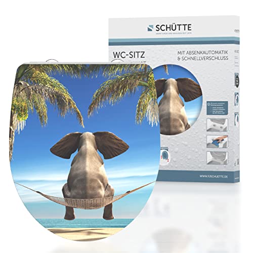 SCHÜTTE WC-Sitz Duroplast HG HAPPY ELEPHANT, Hochglänzender Toilettensitz mit Absenkautomatik, Schnellverschluss für die einfache Reinigung, max. Belastung der Klobrille 150 kg, Motiv Elefant 82580 von Schütte