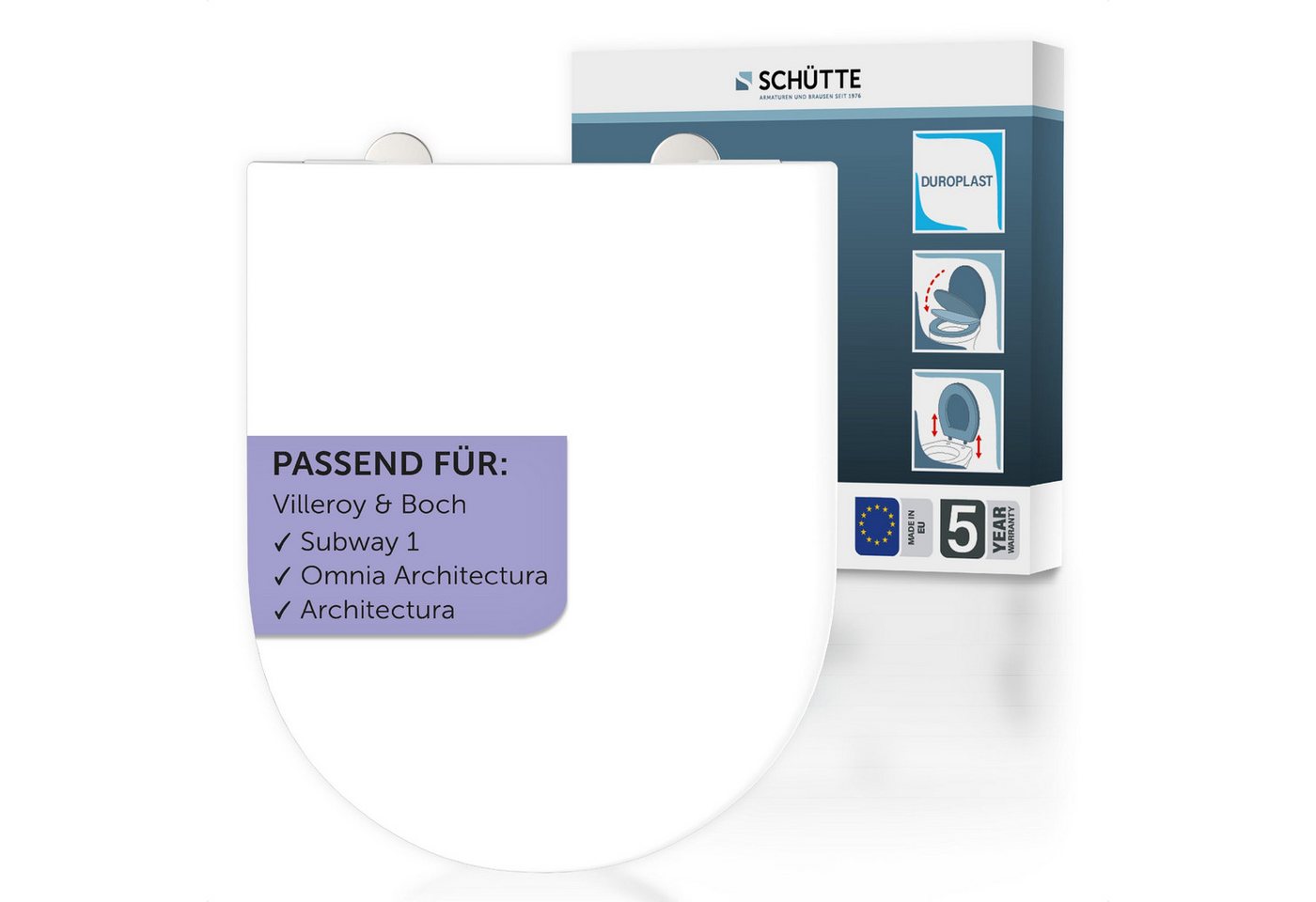 Schütte WC-Sitz Duroplast, WHITE D-Form PRO 5 (WC-Sitz, Befestigungsmaterial, Montageanleitung), mit Absenkautomatik und Schnellverschluss von Schütte