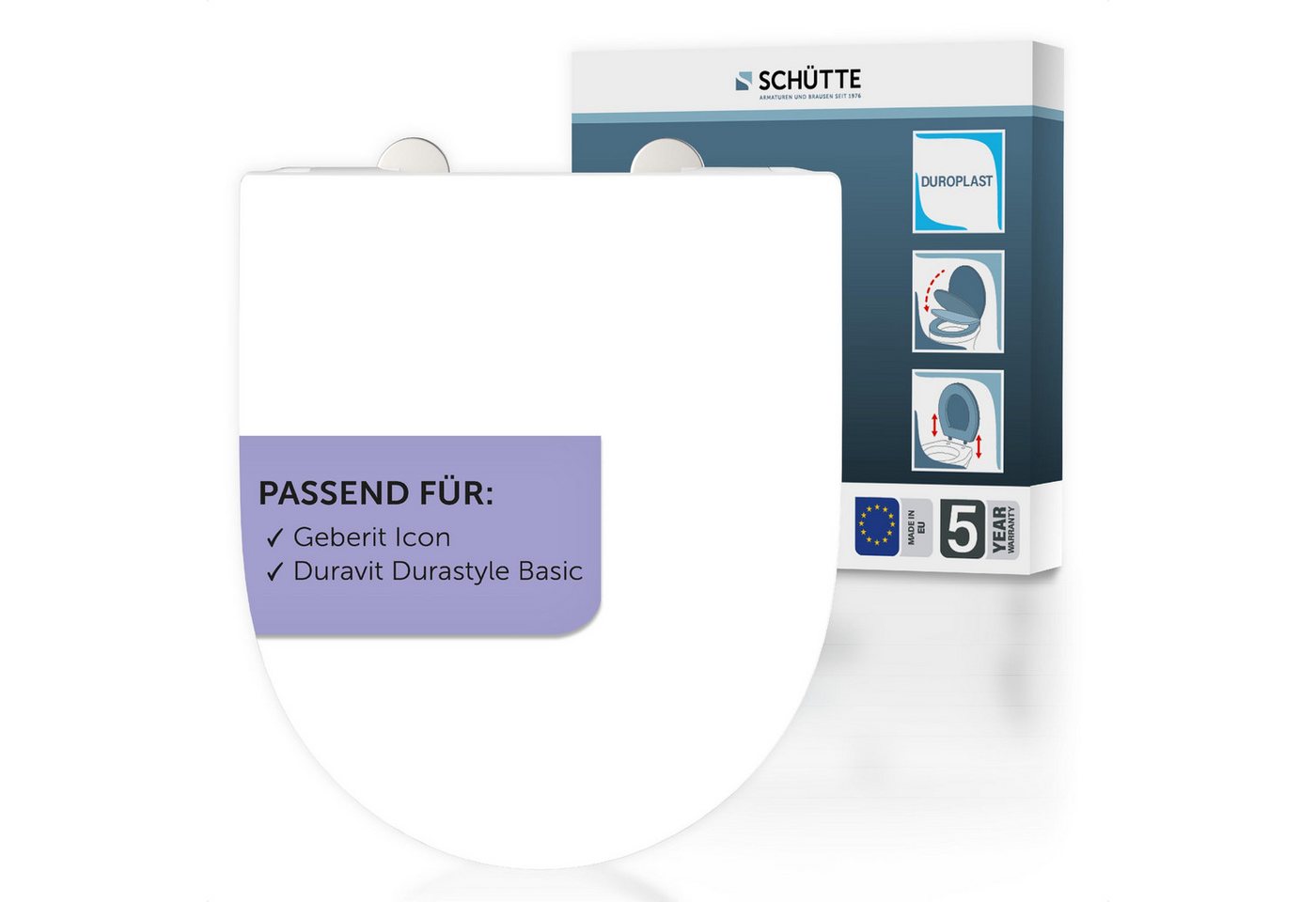 Schütte WC-Sitz Duroplast, WHITE D-Form PRO 6 (WC-Sitz, Befestigungsmaterial, Montageanleitung), mit Absenkautomatik und Schnellverschluss von Schütte