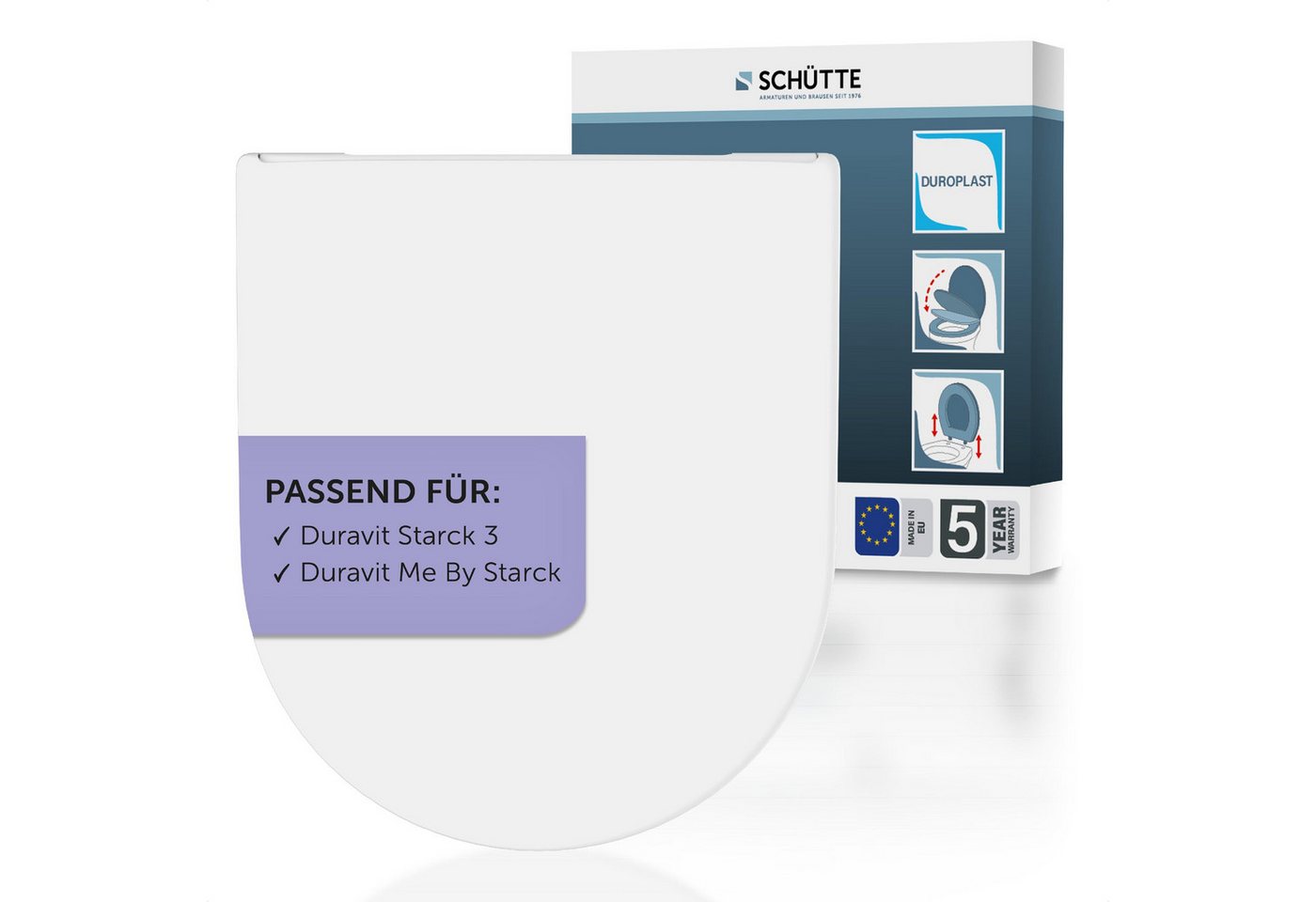 Schütte WC-Sitz Duroplast, WHITE D-Form PRO 8 (WC-Sitz, Befestigungsmaterial, Montageanleitung), mit Absenkautomatik und Schnellverschluss von Schütte