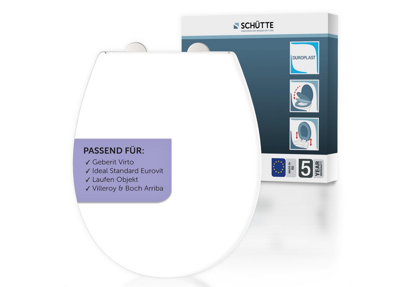 Schütte WC-Sitz Duroplast, WHITE PRO 1 (WC-Sitz, Befestigungsmaterial, Montageanleitung), mit Absenkautomatik und Schnellverschluss von Schütte