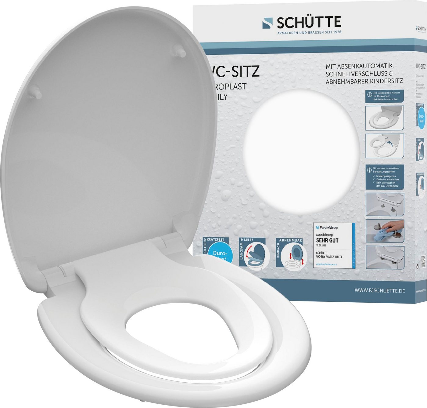 Schütte WC-Sitz FAMILY WHITE, Duroplast, Absenkautomatik, Schnellverschluss, abnehmbarer Kindersitz von Schütte