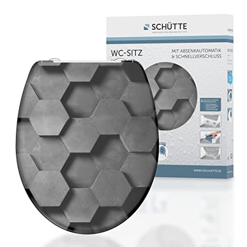 Schütte WC-Sitz HEXAGONS mit Absenkautomatik, Toilettendeckel mit Motiv und Schnellverschluss für die Reinigung, Duroplast Klodeckel (max. Belastung der Klobrille 150 kg), Grau von Schütte