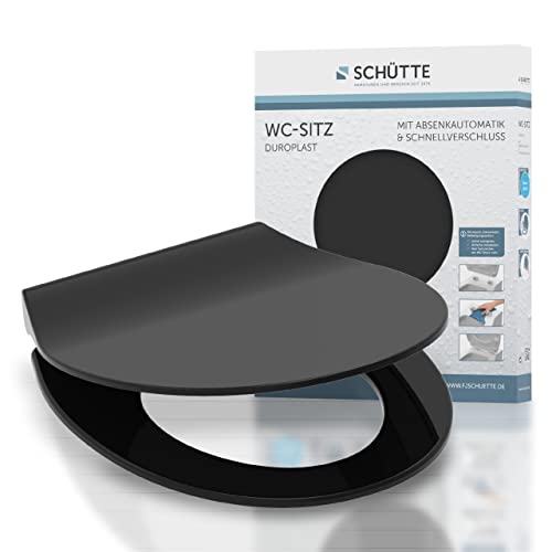 SCHÜTTE SLIM BLACK WC-Sitz, Duroplast Toilettensitz mit Absenkautomatik, Toilettendeckel mit Schnellverschluss für einfache Reinigung, Klobrille passend für alle handelsüblichen WC-Becken, schwarz von Schütte