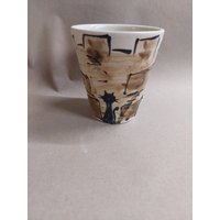 Becher in Turmoptik Mit Schwarzer Katze Keramik Handgemacht von SchuetzkeramikShop