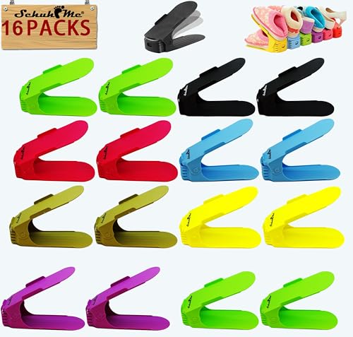 SchuhMe 16 x Verstellbarer Profi Schuhstapler Schuhorganizer Schuhhalter – Magic Shoe Rack Organizer - Sparset für 16 Paar Schuhe (Bunt) von SchuhMe