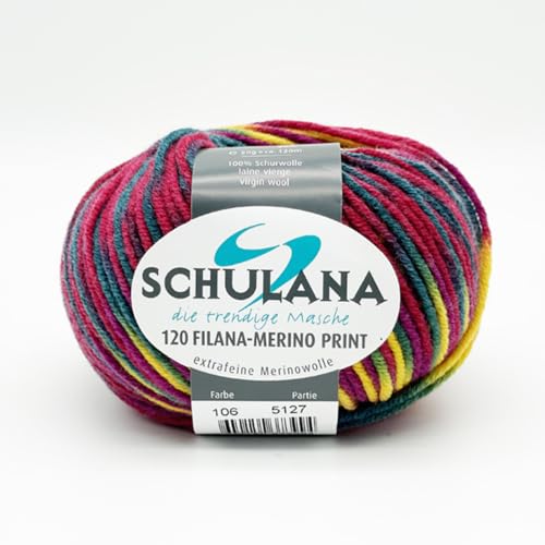 Schulana 120 Filana-Merino Print, Schurwolle, lila-gelb-grün, 50g von Schulana