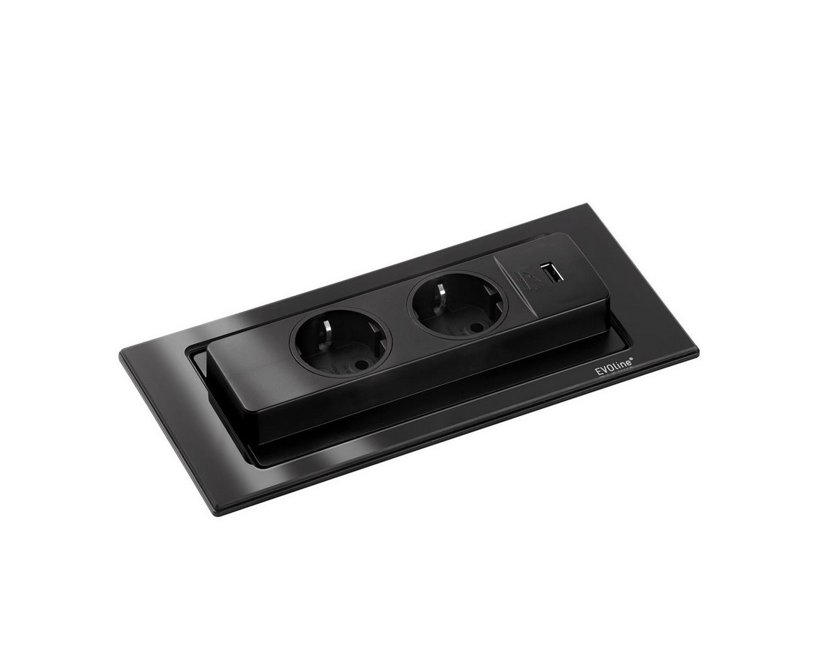Schulte Elektrotechnik Schulte EVOline BackFlip 10.017 USB-A 2 fach Glas glänzend schwarz Steckdosenleiste 2-fach (2x VDE, 1x USB Charger), Glas Schwarz Blende von Schulte Elektrotechnik