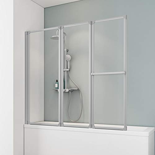 Schulte D1410 01 50 Duschwand Komfort, 151 x 140 cm, 3-teilig faltbar mit Handtuchhalter, ESG Sicherheitsglas klar hell, alunatur, Duschabtrennung für Badewanne von Schulte