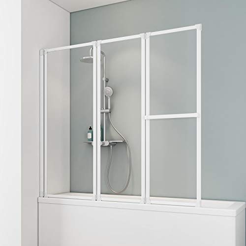 Schulte D1410 04 50 Duschwand Komfort, 151 x 140 cm, 3-teilig faltbar mit Handtuchhalter, ESG Sicherheitsglas klar hell, alpinweiß, Duschabtrennung für Badewanne von Schulte