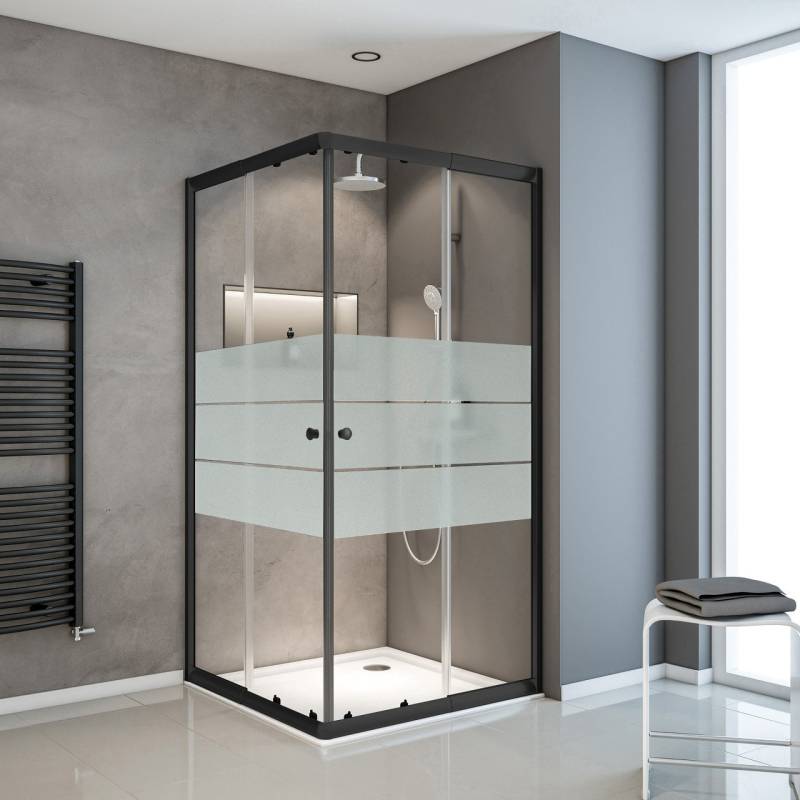 Schulte Eckeinstieg Sunny mit Schiebetüren und Dekorglas 75 - 90 x 180 cm mattschwarz von Schulte