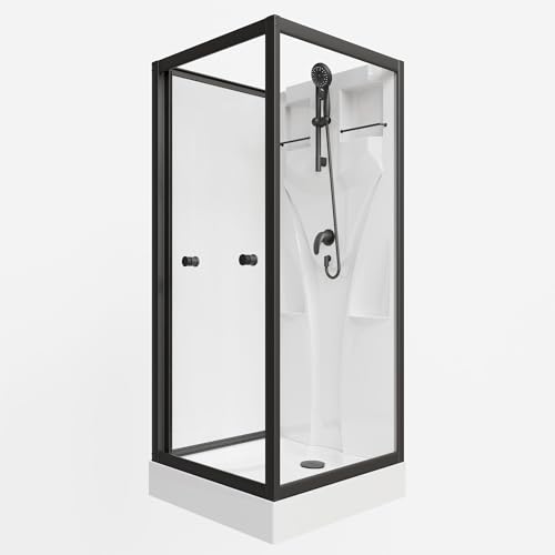 Schulte Komplettdusche Juist in Schwarz, 80x80 cm, 190 cm Höhe – Fertigdusche mit ESG-Sicherheitsglas klar, Schiebetür, Duschwanne & Handbrause – Wellnesskabine EP1914504 von Schulte