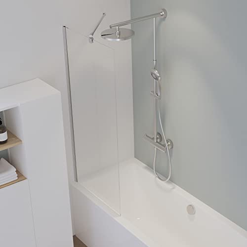 Schulte feststehende Duschabtrennung auf Badewanne, 140 x 70 cm, 5 mm Sicherheitsglas ESG Klar hell inkl. fixil-Glassiegel, Alu-natur, fixe Badewannenfaltwand, D1611-F-1-500 von Schulte