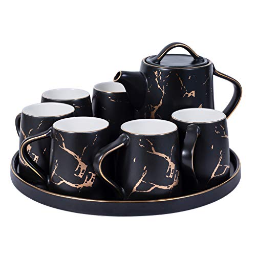 Teekanne Porzellan Set, 7 stellig, Geschenk Set, Teekanne 1000ml mit 6 Teetassen modernes Design, Teeliebhaber (Schwarz) von Schwänlein