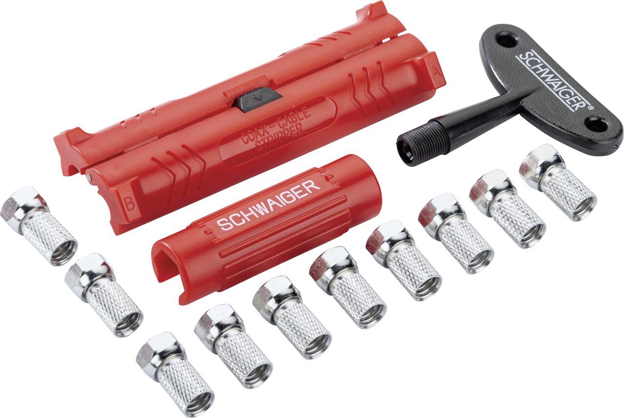 Schwaiger Montage-Set für F Stecker ABISET30 531 rot/schwarz, mit Werkzeug und F Steckern von Schwaiger