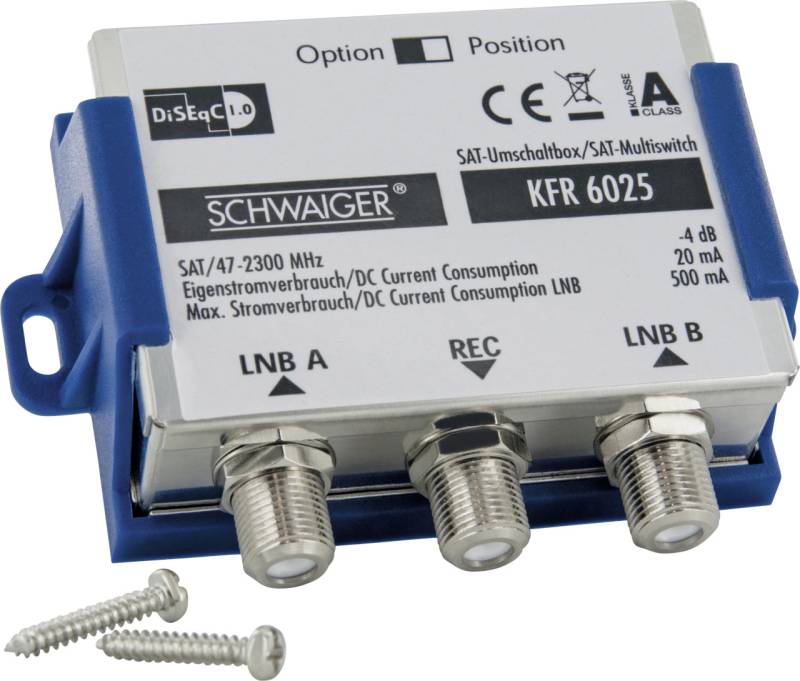 Schwaiger SAT-Umschaltbox 2in1 KFR6025 531 DisEqC Schalter zur Bündelung von 2 Single LNB's auf eine von Schwaiger