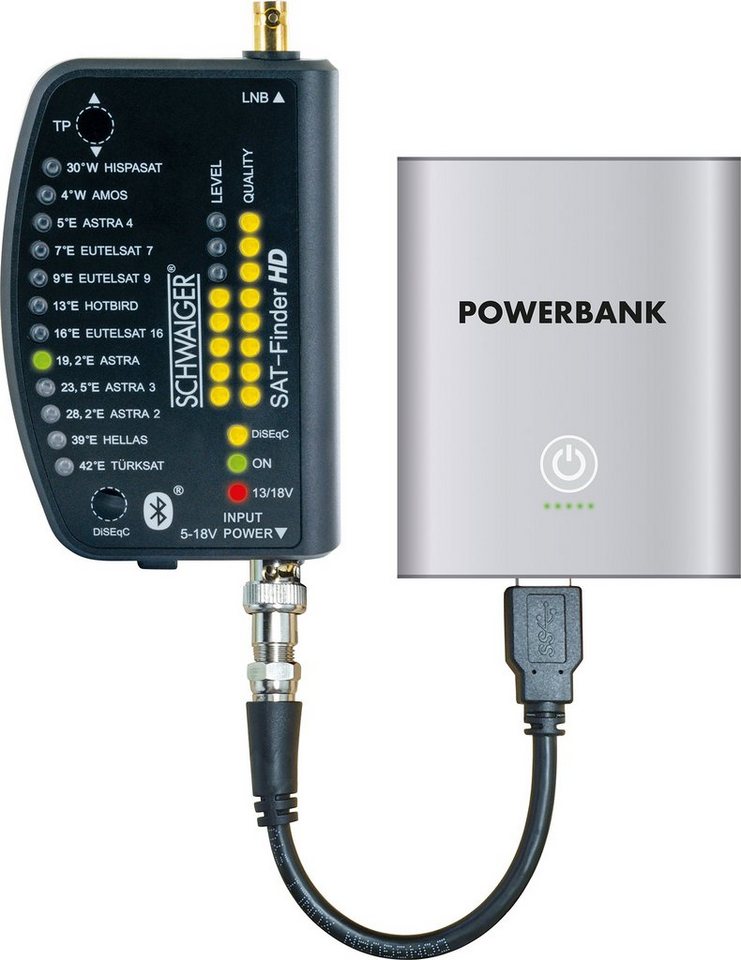 Schwaiger Satfinder SF9003BTAKKU (IP54, Stromversorgung über angeschlossenen Receiver oder Powerbank), detaillierte Anzeige der Signalstärke über App von Schwaiger