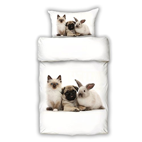 Schwanberg Bettwäsche Tierische Freunde Renforcé Bettgarnitur Hund Katze Hase Wendeoptik Tiermotiv, Größe:135 cm x 200 cm von Schwanberg