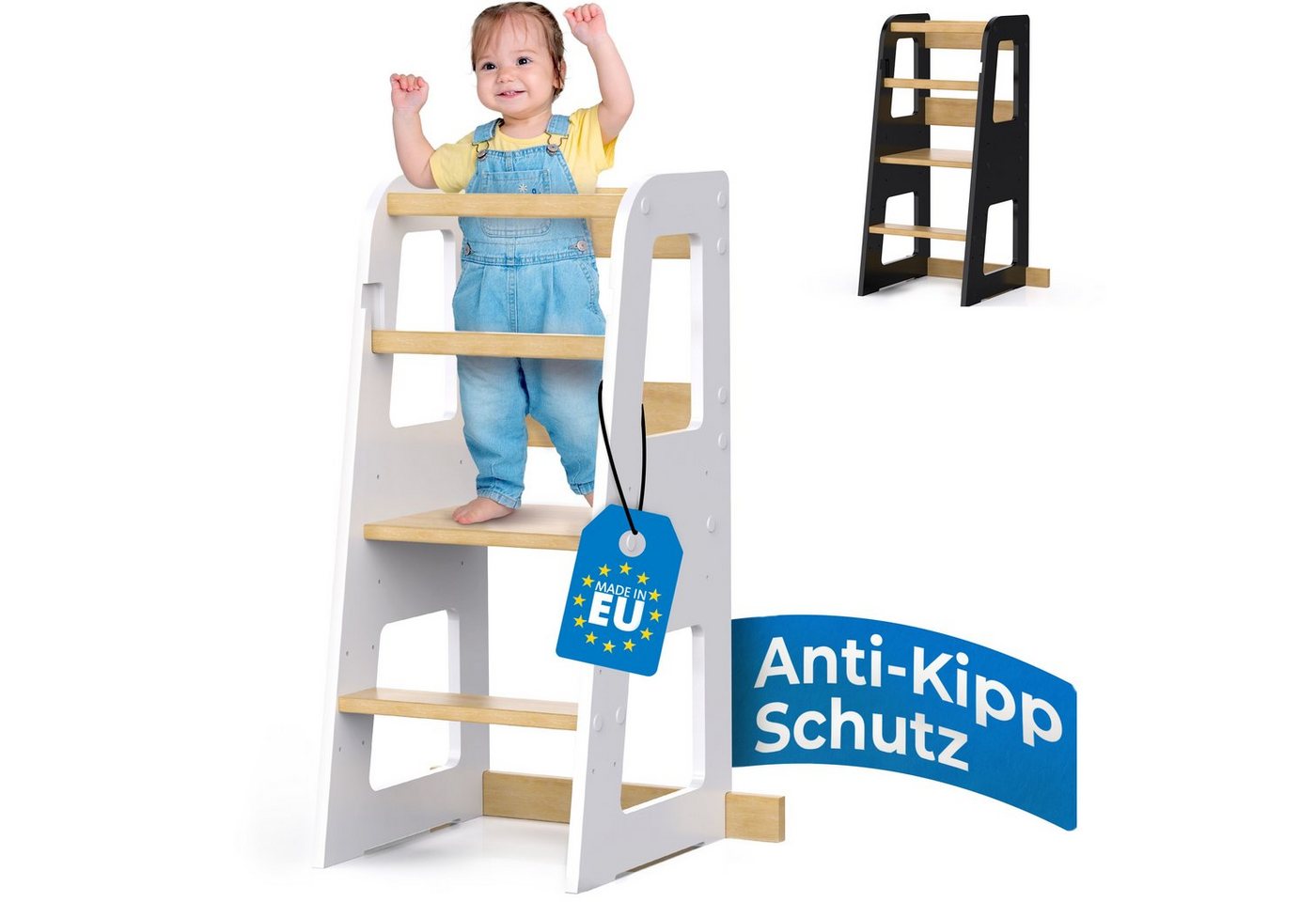 Schwanfeld Stehhilfe Lernturm ab 1 Jahr ANTI KIPP SCHUTZ inkl. Montagezubehör - Montessori (Lernturm aus bruchsicherem FSC Massivholz (bis zu 50kg belastbar) - Learning Tower 3 Level (höhenverstellbar) von Schwanfeld