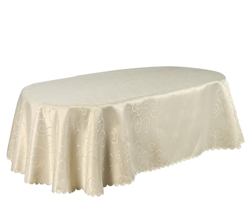 Tischdecke mit Ornamenten Kringel Fleck abweisend pflegeleicht und bügelfrei in hochwertiger DAMAST Qualität rund und oval (Creme, 160x260 cm oval) von Schwar Textilien