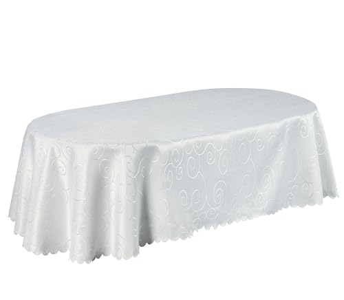 Tischdecke mit Ornamenten Kringel Fleck abweisend pflegeleicht und bügelfrei in hochwertiger DAMAST Qualität rund und oval (Weiß, 160x260 cm oval) von Schwar Textilien