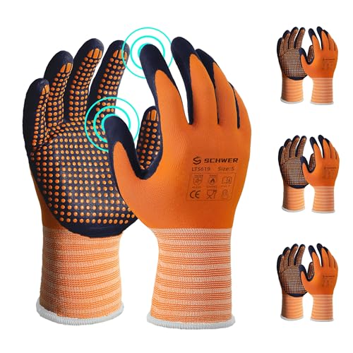 Schwer 3 Paar Arbeitshandschuhe MicroFoam Nitril beschichtet, Atmungsaktive Nylon Arbeitshandschuhe mit Griff für Männer Frauen, Micro Dot Palm, Touchscreen fähig, für Automotive Electronic Assembly,S von Schwer