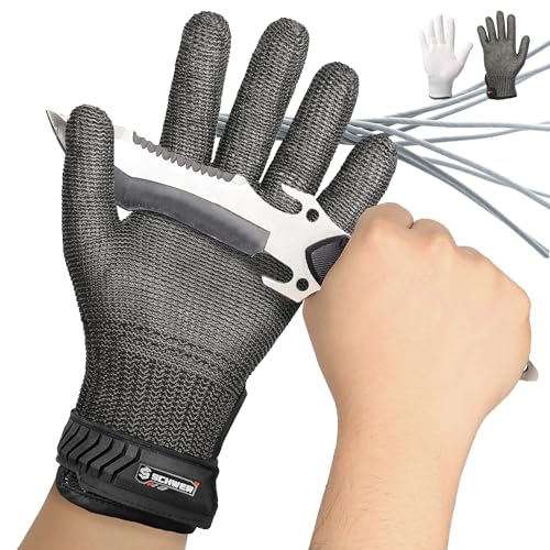 Schwer Ultimative Schnittschutzhandschuhe Level A9/F, Verstärkte Edelstahl-Handschuhe, Schnittfeste Handschuhe, Für Metzger, Fleischzerlegung, Austernöffnen, Gemüseschneider,PFAS-frei,S von Schwer