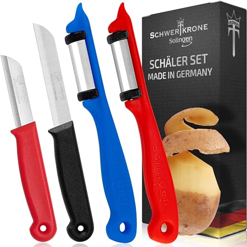 SCHWERTKRONE® Schälmesser Sparschäler 4er Set [MADE IN SOLINGEN - GERMANY] - Gemüsemesser Obstmesser - Küchenmesser klein scharf - Schneidemesser Kartoffelschälmesser - Allzweckmesser (Duo Peeler Set) von Schwertkrone