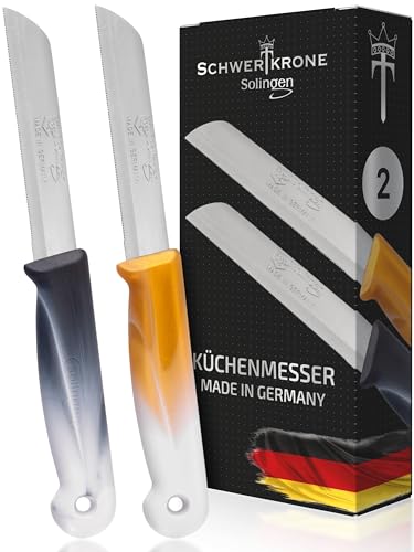 Schwertkrone 2 Küchenmesser gezahnt Wellenschliff Messerset Solingen Gemüsemesser scharf Allzweckmesser Bandstahl 8,5 cm Klinge von Schwertkrone