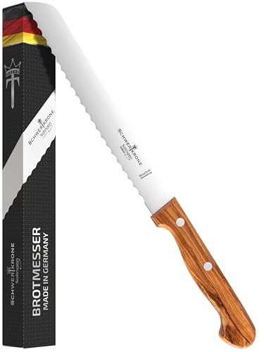 Schwertkrone Solingen Brotmesser mit Wellenschliff und Olivenholz-Griff, Klinge 20 cm, Rostfreier Edelstahl, Made in Germany von Schwertkrone