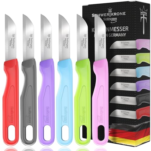 Schwertkrone® Schälmesser 6er Set [MADE IN SOLINGEN - GERMANY] - Gemüsemesser Obstmesser - Küchenmesser klein scharf - Schneidemesser Kartoffelschälmesser - Allzweckmesser (6x bunt - 6cm Klinge) von Schwertkrone