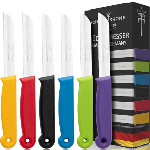 Schwertkrone® Tomatenmesser Obst- & Gemüsemesser 6er Set [MADE IN SOLINGEN - GERMANY] - Küchenmesser klein scharf - Schneidemesser Schälmesser Sägemesser - Allzweckmesser (Gezahnte Klinge: 9,0cm) von Schwertkrone