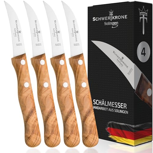 SCHWERTKRONE® Schälmesser gebogen Premium 4er Set [MADE IN SOLINGEN - GERMANY] - Gemüsemesser Obstmesser - Küchenmesser klein scharf - Schneidemesser Kartoffelschälmesser - Allzweckmesser (4x 15,5 cm) von Schwertkrone