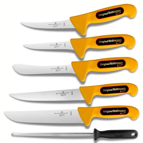 Schwertkrone Solingen Metzgermesser Set - Made in Germany - 6-tlg. Profi Messer Set, Fleischermesser, Schlachtermesser, Ausbeinmesser, Schlachtmesser von Schwertkrone