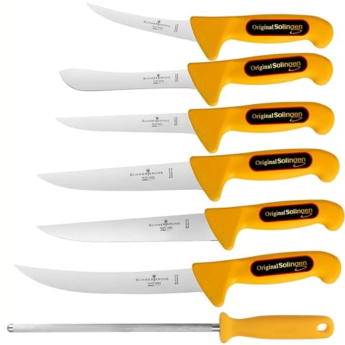Schwertkrone Solingen 7-Teiliges Messer Set - Profi Metzgermesser Made in Germany - Fleischermesser, Ausbeinmesser, Schlachtermesser, Wetzstahl von Schwertkrone