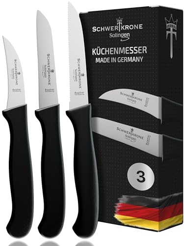 SCHWERTKRONE® Schälmesser gebogen & gerade & verzahnt [MADE IN SOLINGEN - GERMANY] - Gemüsemesser Obstmesser - Küchenmesser klein scharf Schneidemesser Kartoffelschälmesser - Allzweckmesser (3-teilig) von Schwertkrone