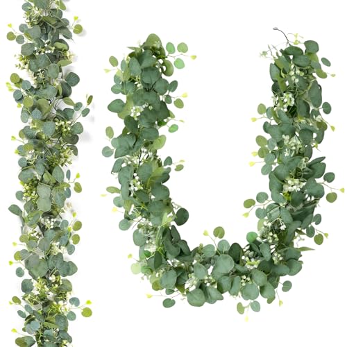 2 Stück Blumengirlande,Künstliche Eukalyptus Girlande,1,8m Hängende Eukalyptus Deko Mit Realistischen Blättern,Eukalyptus Deko Künstliche Pflanze Hängepflanze Für Hochzeitsstrauß, Blume,Heimdekoration von Scinzene