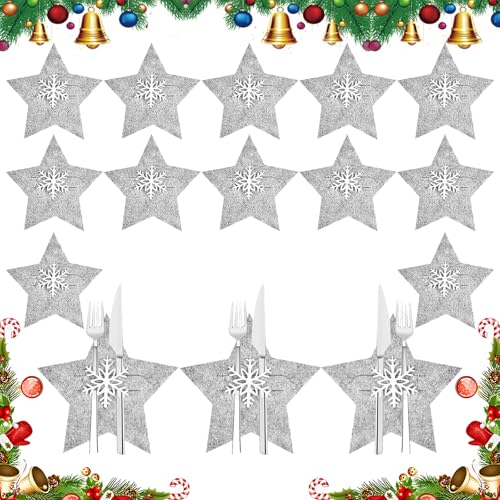 Scinzene 14 Sätze Bestecktasche Weihnachten Filz Mit Weihnachtsschneeflocken (1 Packung), Besteckhalter Weihnachten, Weihnachts Tischdeko, Weihnachten Tischdeko, Für Party Tisch von Scinzene