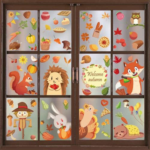 Scinzene 149 Pcs Erntedankfest Fensterbilder Herbst Fensteraufkleber, Fensterbilder Herbst Kinder, Herbst Fensterbilder Selbstklebend, Herbstdeko Fenster, Für Fenster Kinderzimmer Cafés Party von Scinzene