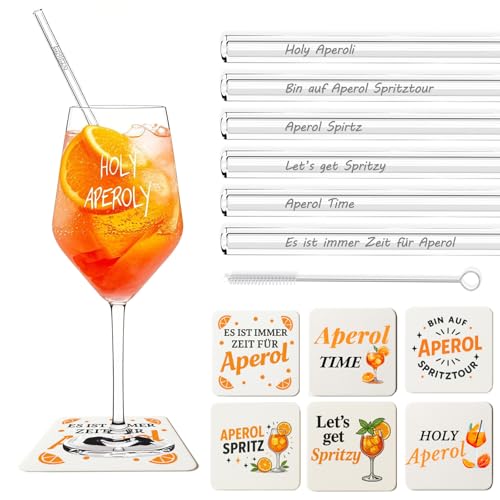 Scinzene Apero Spritz Geschenkset - 6 Glasstrohhalme mit 6 Untersetzern und Reinigungsbürste, Perfektes Cocktail Zubehör und Deko für Partys, glas 20 cm Length von Scinzene