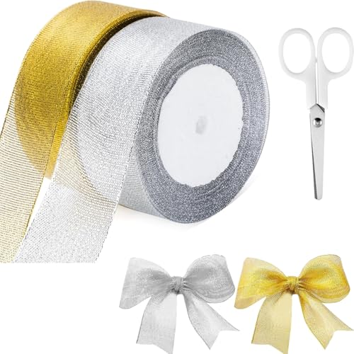 Geschenkband Weihnachten - 2 Stück Breit, Silber, Gold, Glitzer - Dekoband, Schleifenband Mit Kleiner Schere von Scinzene